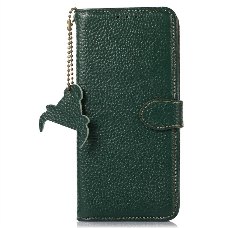 For OnePlus 13 Case RFID Blocking Genuine Cow Leather Phone Cover Litchi Texture - Green
