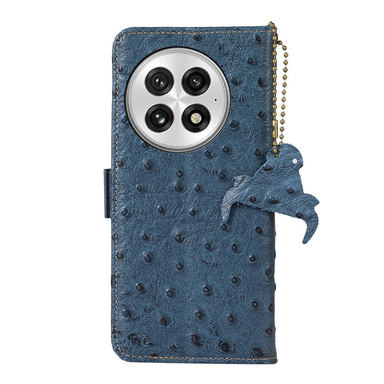 For OnePlus 13 Case RFID Blocking Genuine Cow Leather Phone Case Ostrich Texture - Blue