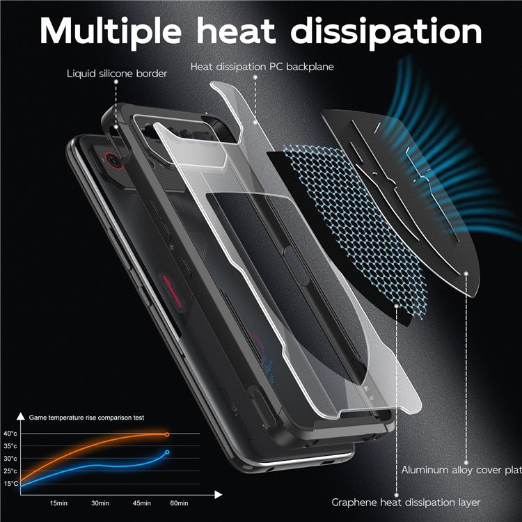 For Asus ROG Phone 7 5G / Phone 6 5G Shield Heat Dissipation Phone Case Liquid Silicone+PC Back Cover - Black
