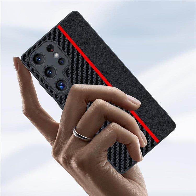 For Samsung Galaxy S25 Ultra Case Leather+PC Hard Phone Cover Carbon Fiber Texture - Black / Blue