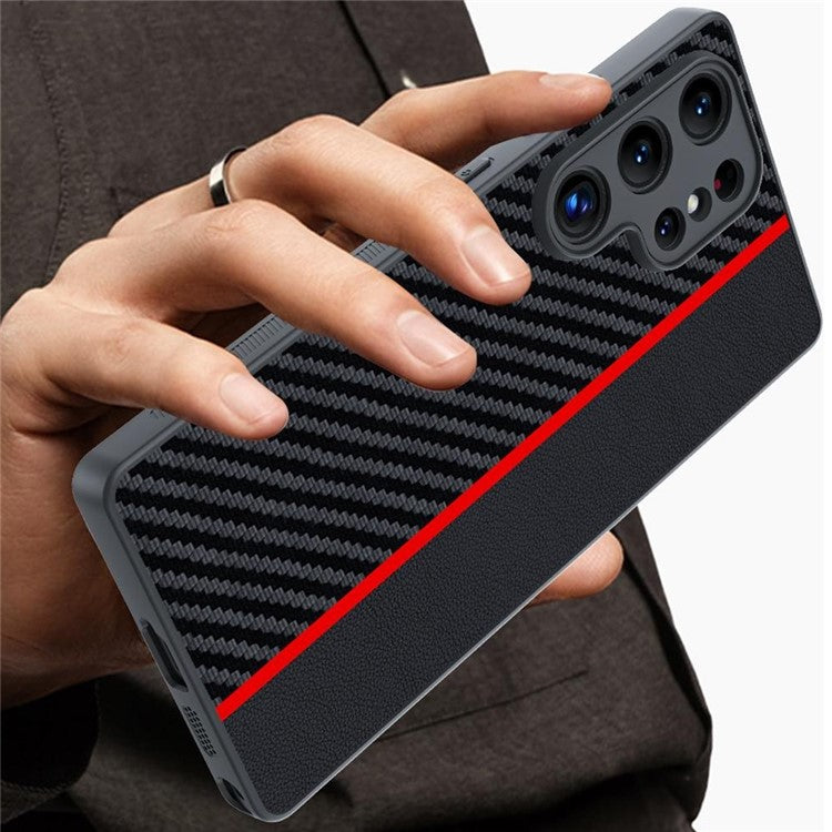 For Samsung Galaxy S25 Ultra Case Leather+PC Hard Phone Cover Carbon Fiber Texture - Black / Blue