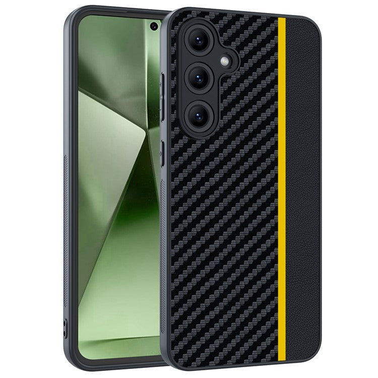 For Samsung Galaxy S24 Case Leather+PC Hard Phone Cover Carbon Fiber Texture - Black / Yellow
