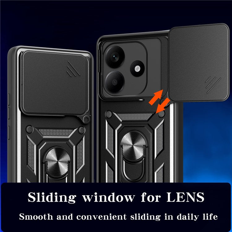 For Xiaomi Redmi Note 14 5G Case with Slide Camera Lid PC+TPU Kickstand Phone Cover - Black