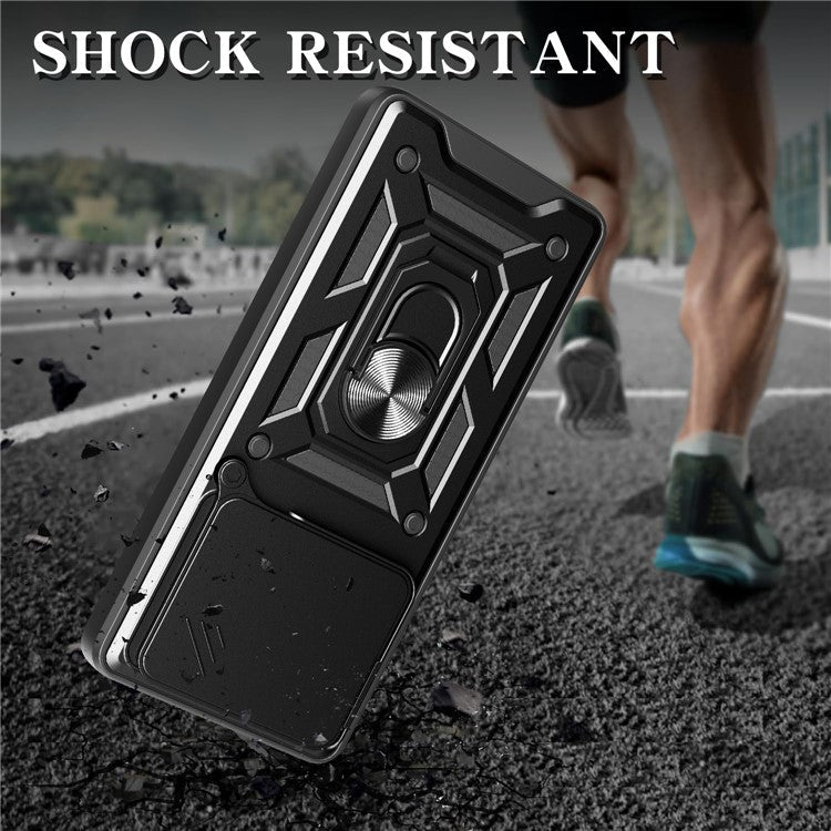 For Xiaomi Redmi Note 14 5G Case with Slide Camera Lid PC+TPU Kickstand Phone Cover - Black