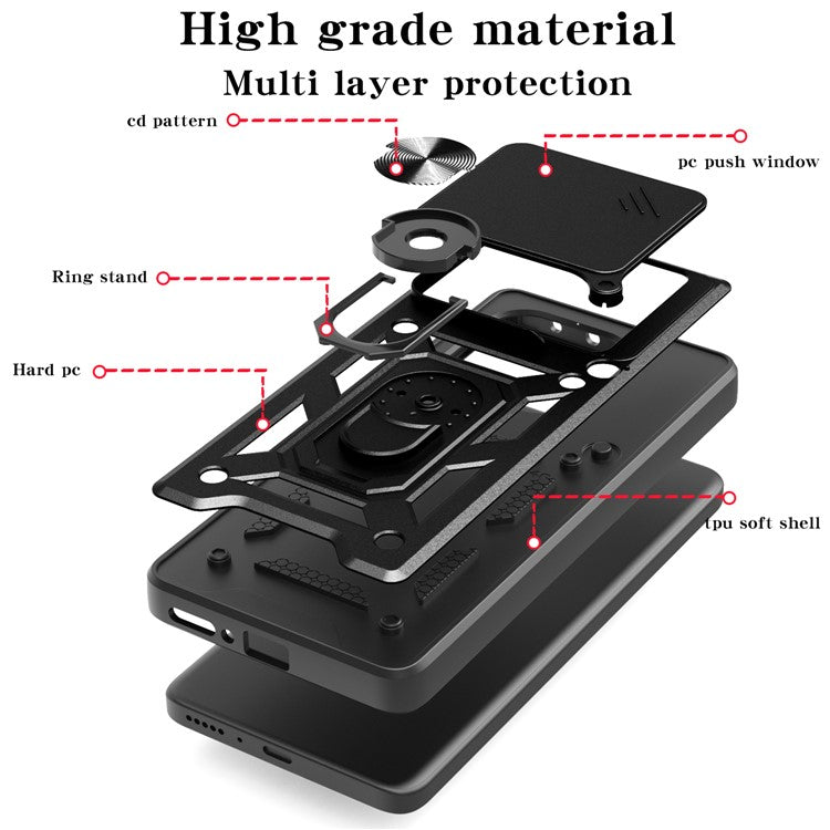 For Xiaomi Redmi Note 14 5G Case with Slide Camera Lid PC+TPU Kickstand Phone Cover - Black