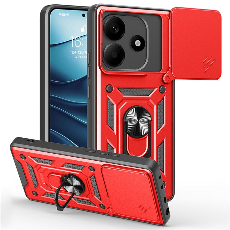 For Xiaomi Redmi Note 14 5G Case with Slide Camera Lid PC+TPU Kickstand Phone Cover - Red