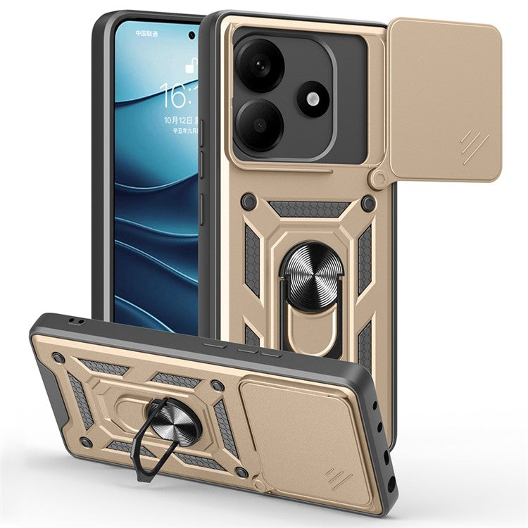 For Xiaomi Redmi Note 14 5G Case with Slide Camera Lid PC+TPU Kickstand Phone Cover - Gold