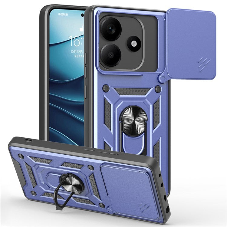 For Xiaomi Redmi Note 14 5G Case with Slide Camera Lid PC+TPU Kickstand Phone Cover - Blue
