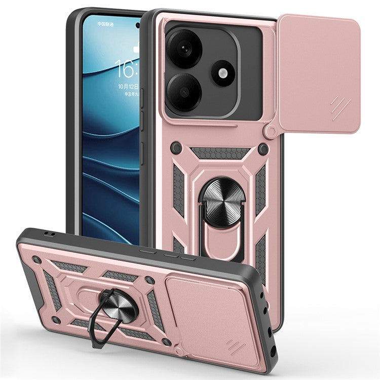 For Xiaomi Redmi Note 14 5G Case with Slide Camera Lid PC+TPU Kickstand Phone Cover - Rose Gold