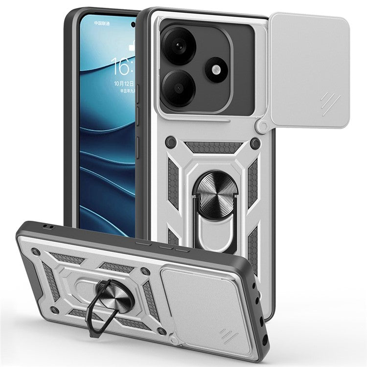 For Xiaomi Redmi Note 14 5G Case with Slide Camera Lid PC+TPU Kickstand Phone Cover - Silver