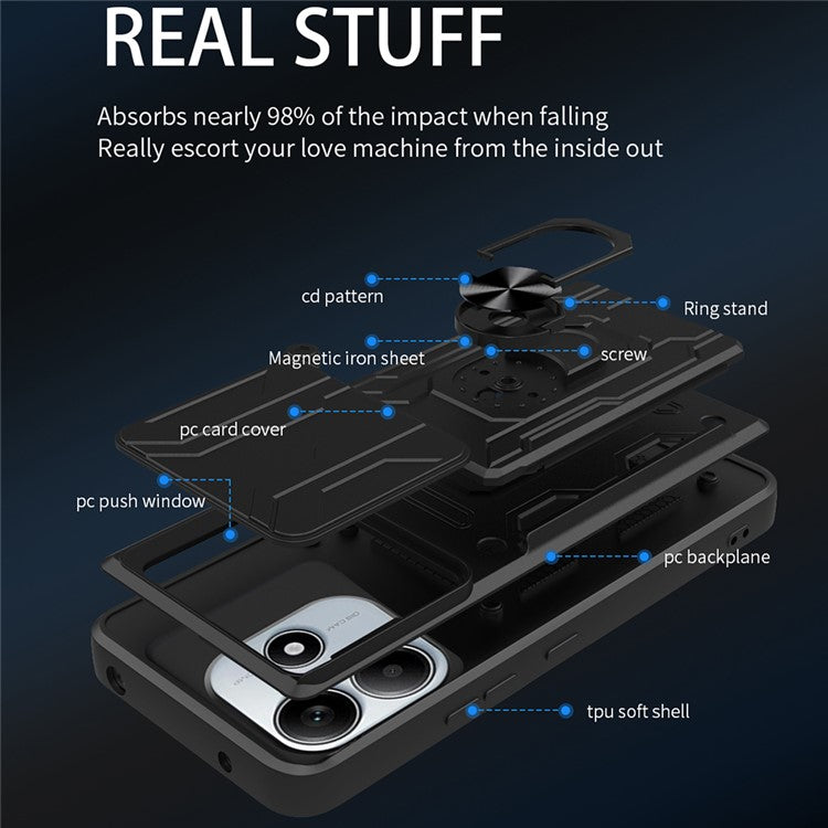 For Xiaomi Redmi Note 14 5G / 14 4G Case PC+TPU Kickstand Phone Back Cover with Camera Slider - Titanium Grey