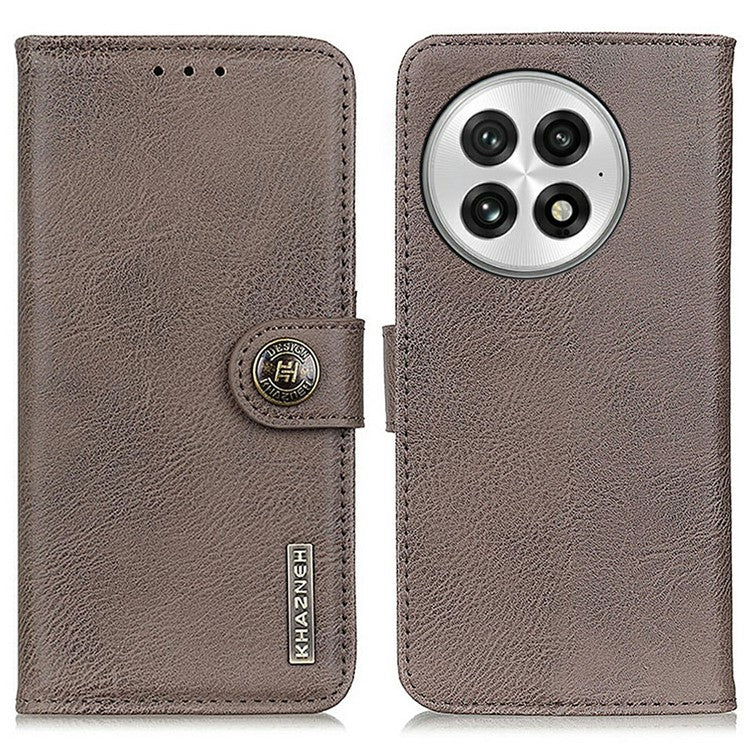 KHAZNEH For OnePlus 13 Wallet Case Cowhide Texture Leather Flip Phone Cover - Khaki