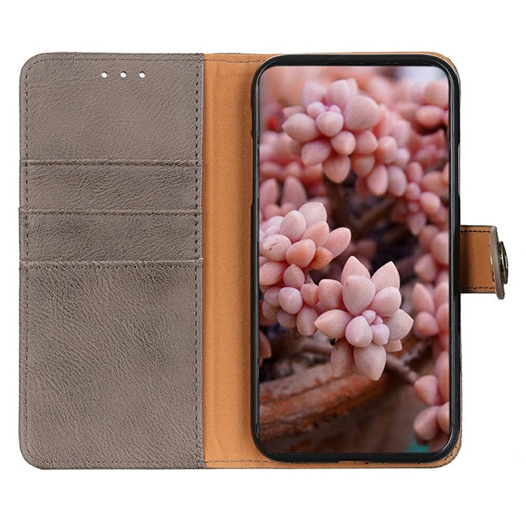 KHAZNEH For OnePlus 13 Wallet Case Cowhide Texture Leather Flip Phone Cover - Khaki