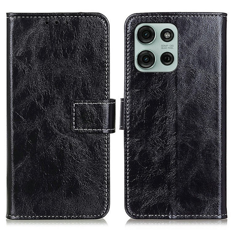 For Motorola Moto G75 5G Leather Case Wallet Phone Cover Crazy Horse Texture - Black