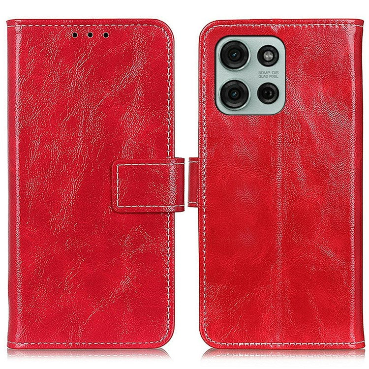 For Motorola Moto G75 5G Leather Case Wallet Phone Cover Crazy Horse Texture - Red