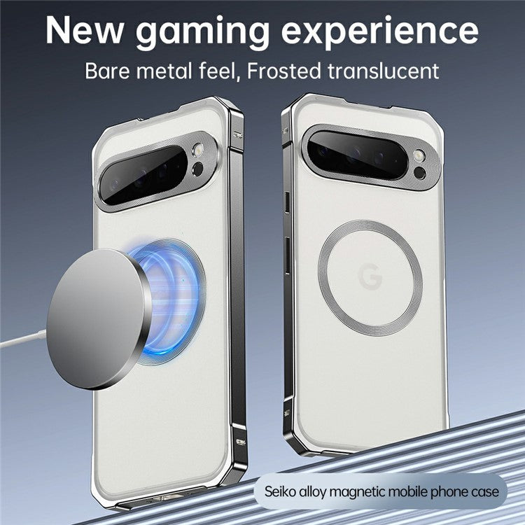 For Google Pixel 9 Case Compatible with MagSafe Hard PC Metal Frame Frosted Phone Back Cover - Titanium Grey