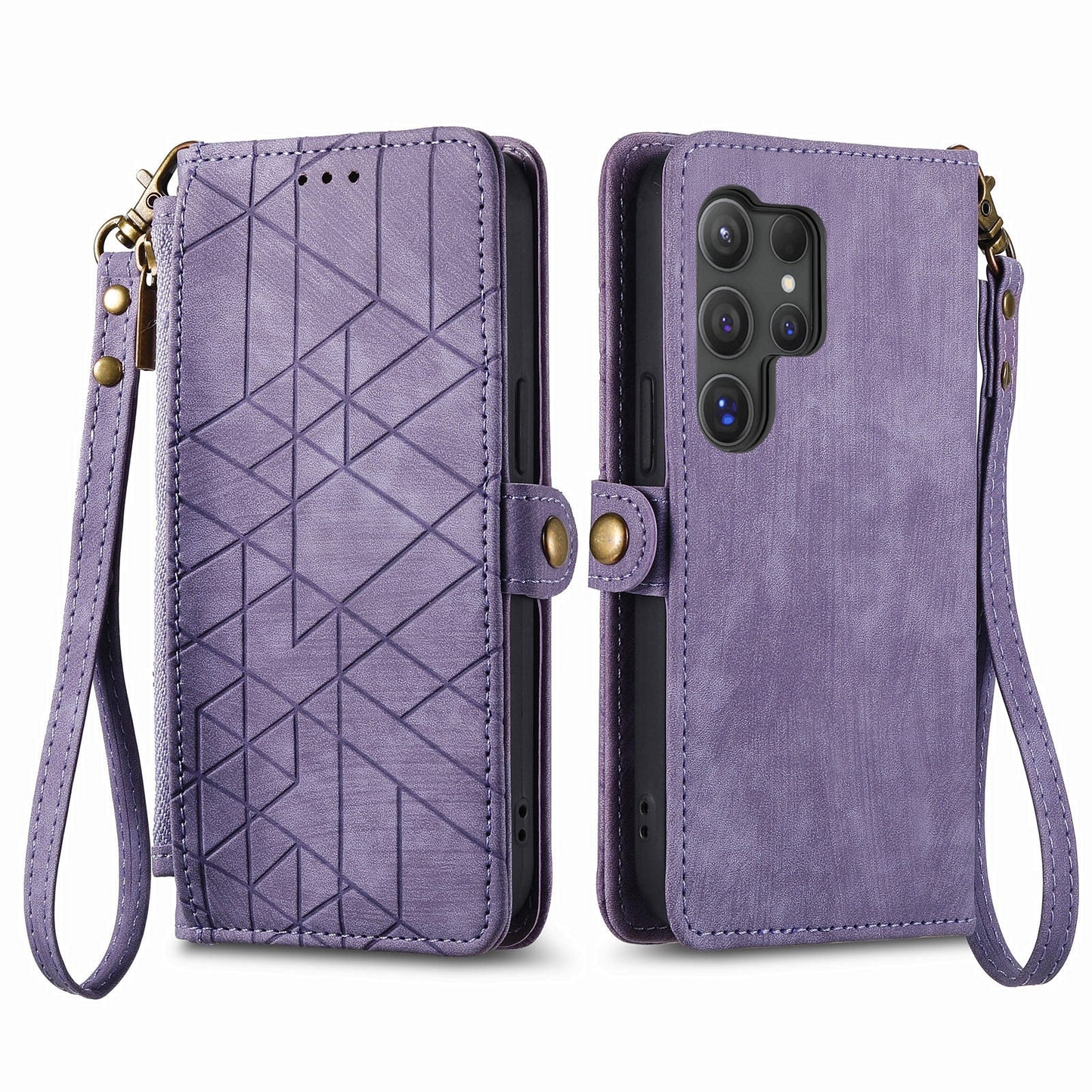 For Samsung Galaxy S25 Ultra Case Zipper Wallet Geometry Lines Leather Phone Cover - Light Purple