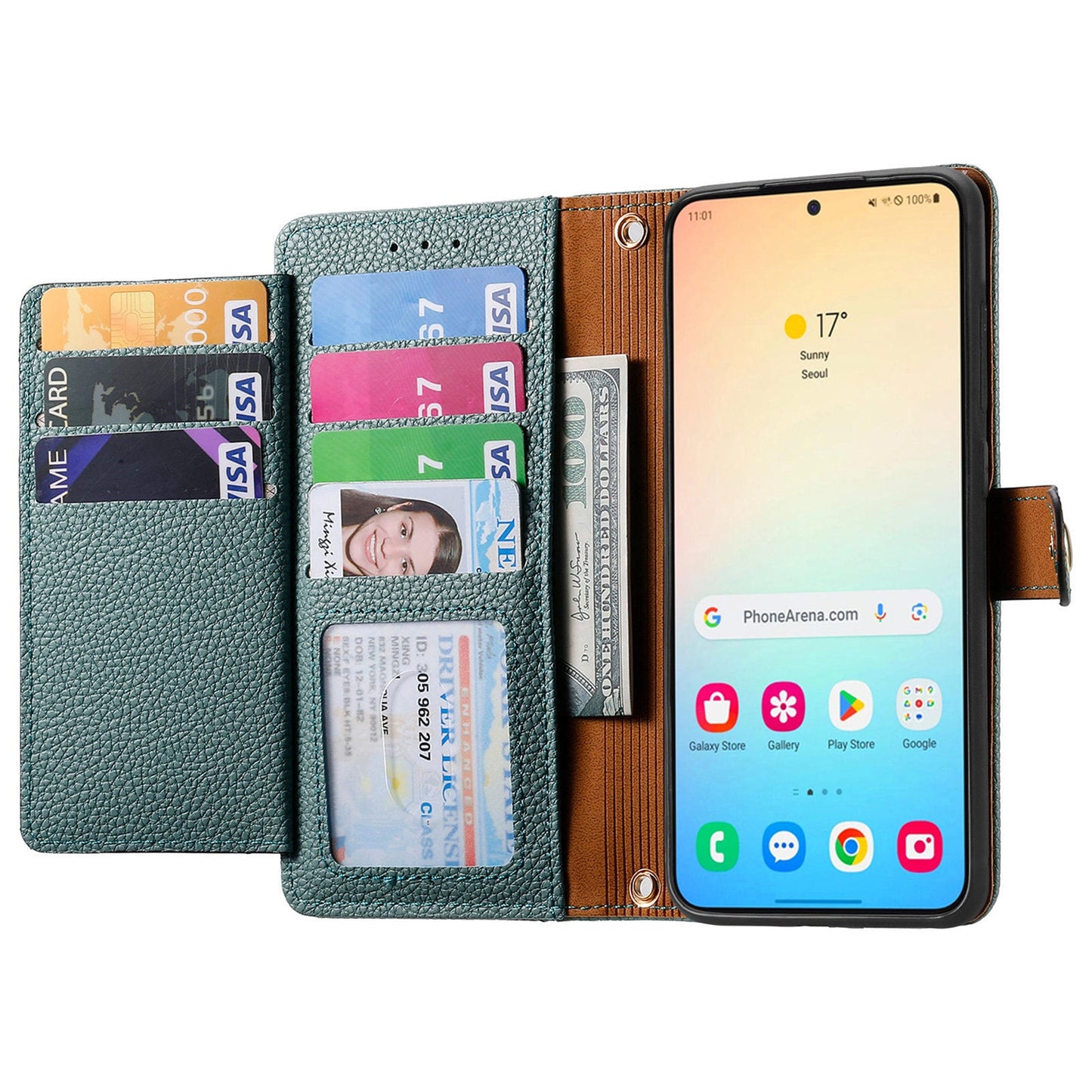 For Samsung Galaxy S25+ Case RFID Blocking Zipper Pocket Leather Wallet Phone Cover - Green