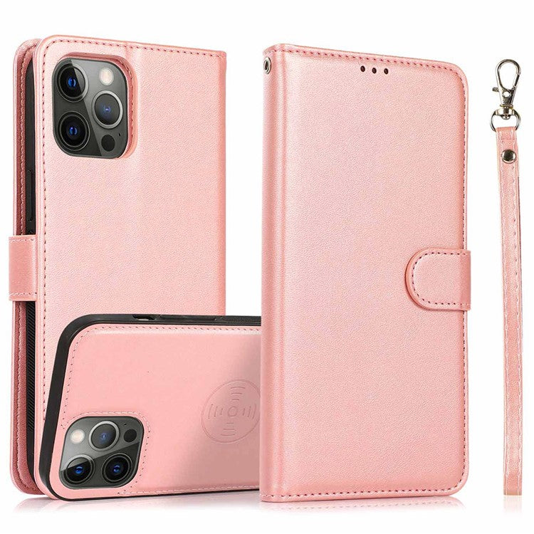For iPhone 16 Pro Case Magnetic Detachable 2-in-1 Wallet Stand PU Leather Phone Cover - Rose Gold