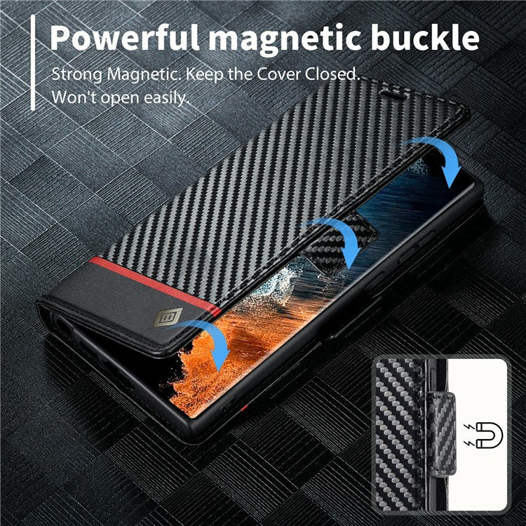 LC.IMEEKE For Samsung Galaxy S25 Ultra Case Carbon Fiber Texture Phone Cover Stand Card Holder - Horizontal Stripe