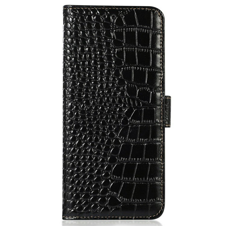 For Motorola Moto G75 5G Case Crocodile Texture Genuine Cow Leather Phone Wallet Cover - Black