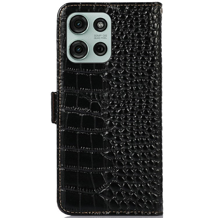 For Motorola Moto G75 5G Case Crocodile Texture Genuine Cow Leather Phone Wallet Cover - Black