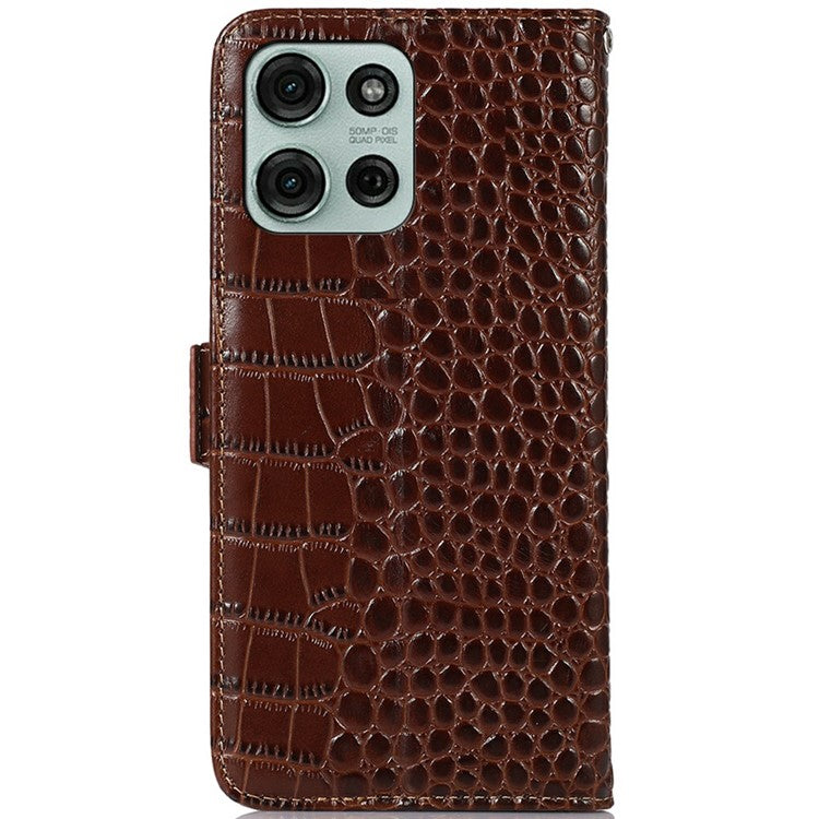 For Motorola Moto G75 5G Case Crocodile Texture Genuine Cow Leather Phone Wallet Cover - Brown