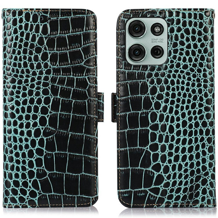 For Motorola Moto G75 5G Case Crocodile Texture Genuine Cow Leather Phone Wallet Cover - Green