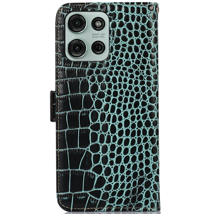 For Motorola Moto G75 5G Case Crocodile Texture Genuine Cow Leather Phone Wallet Cover - Green