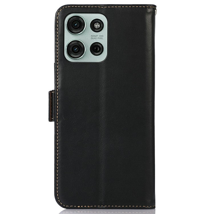For Motorola Moto G75 5G Case RFID Blocking Genuine Cow Leather Wallet Phone Cover - Black