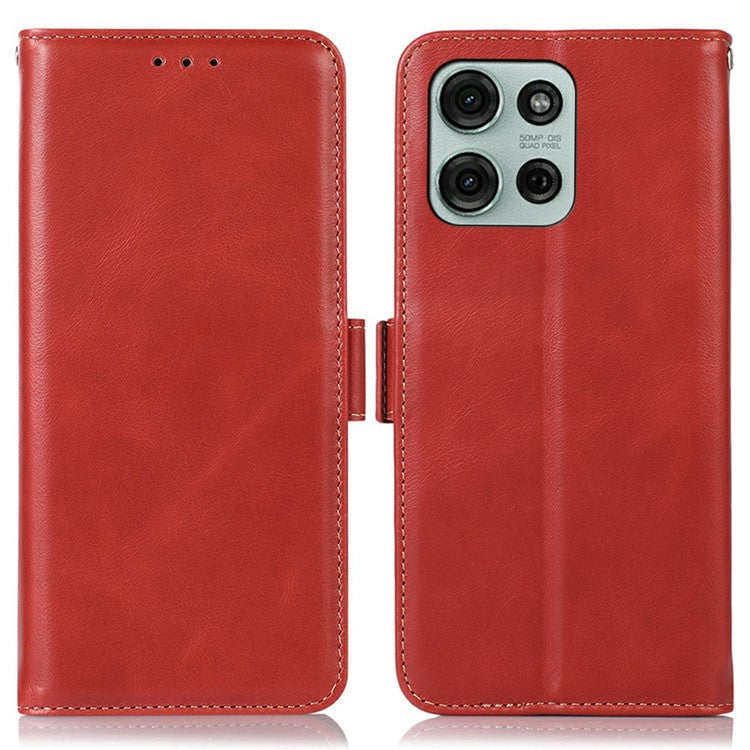 For Motorola Moto G75 5G Case RFID Blocking Genuine Cow Leather Wallet Phone Cover - Red