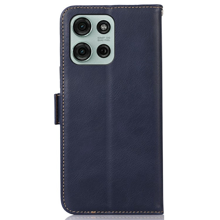 For Motorola Moto G75 5G Case RFID Blocking Genuine Cow Leather Wallet Phone Cover - Blue