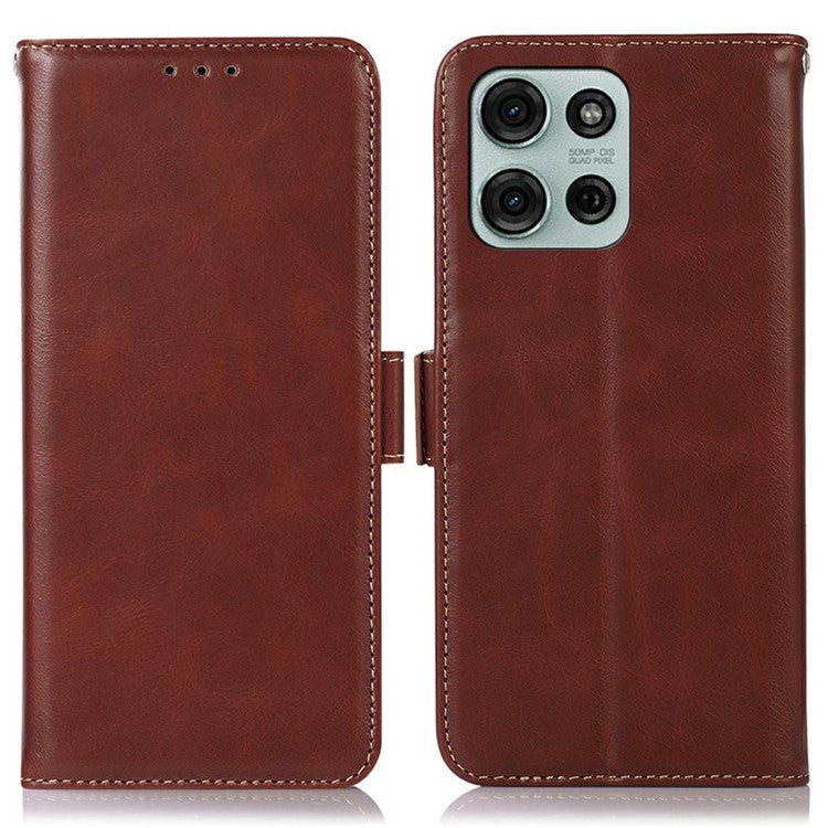 For Motorola Moto G75 5G Case RFID Blocking Genuine Cow Leather Wallet Phone Cover - Brown