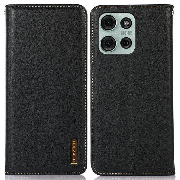 KHAZNEH For Motorola Moto G75 5G Case Genuine Cow Leather Wallet Phone Cover Nappa Texture - Black
