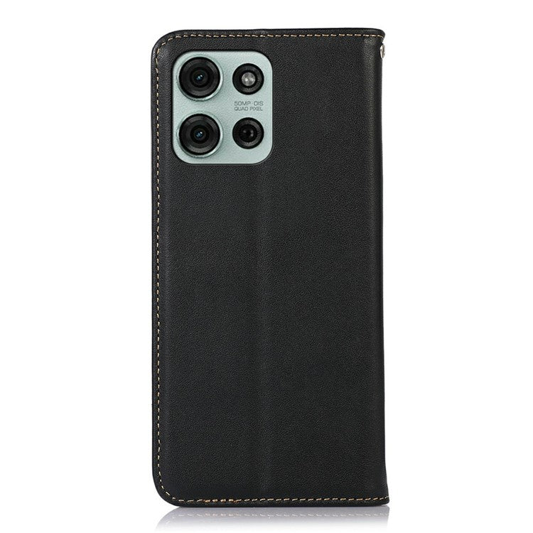 KHAZNEH For Motorola Moto G75 5G Case Genuine Cow Leather Wallet Phone Cover Nappa Texture - Black