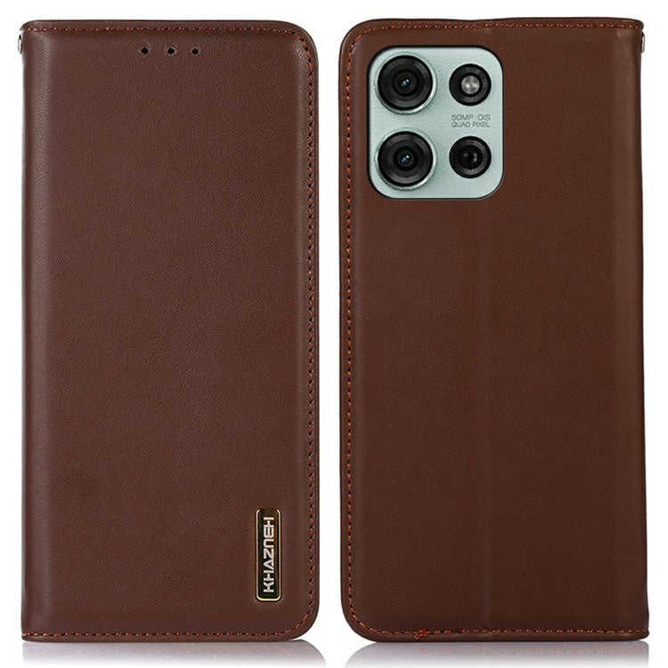 KHAZNEH For Motorola Moto G75 5G Case Genuine Cow Leather Wallet Phone Cover Nappa Texture - Brown
