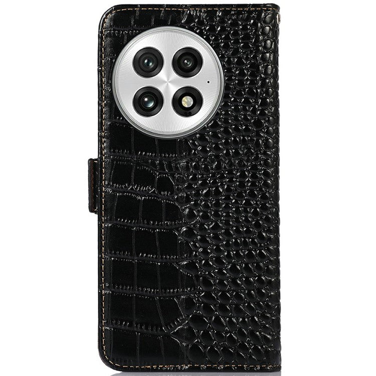 For OnePlus 13 Case Crocodile Texture Genuine Cow Leather Phone Wallet Cover - Black