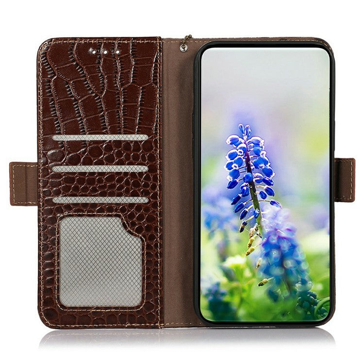 For OnePlus 13 Case Crocodile Texture Genuine Cow Leather Phone Wallet Cover - Brown