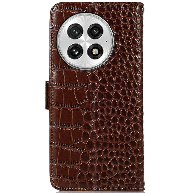 For OnePlus 13 Case Crocodile Texture Genuine Cow Leather Phone Wallet Cover - Brown