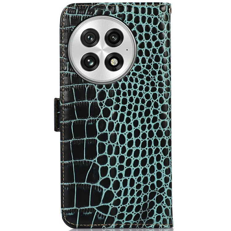For OnePlus 13 Case Crocodile Texture Genuine Cow Leather Phone Wallet Cover - Green