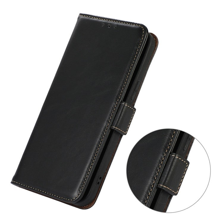 For OnePlus 13 Case RFID Blocking Genuine Cow Leather Wallet Phone Cover - Black