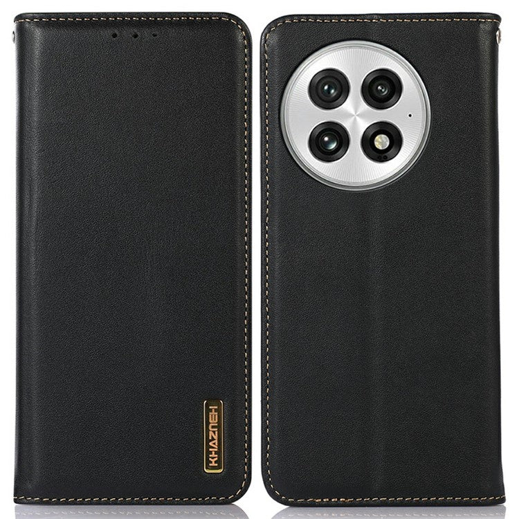 KHAZNEH For OnePlus 13 Case Genuine Cow Leather Wallet Phone Cover Nappa Texture - Black