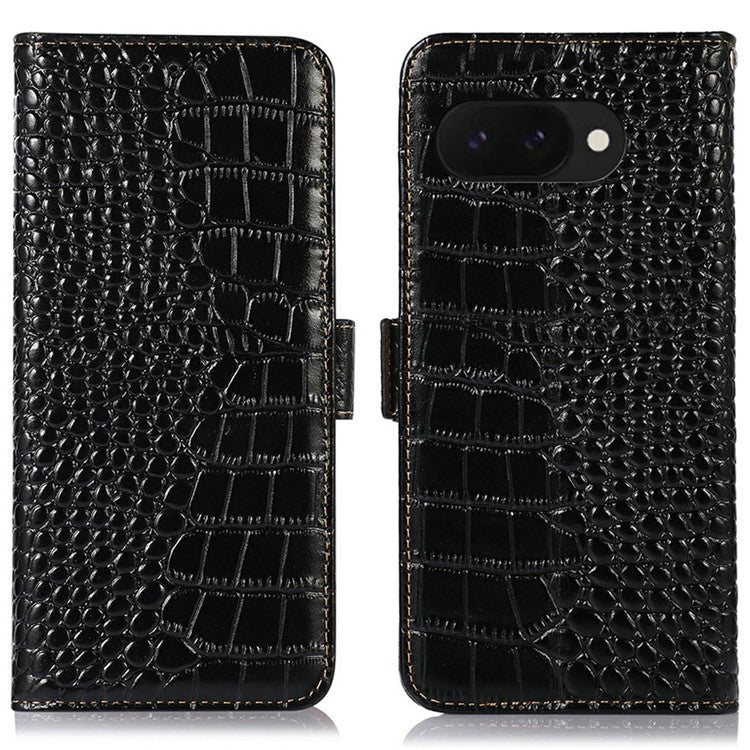 For Google Pixel 9a Case Crocodile Texture Genuine Cow Leather Phone Wallet Cover - Black