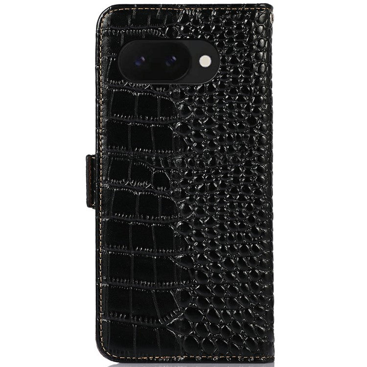 For Google Pixel 9a Case Crocodile Texture Genuine Cow Leather Phone Wallet Cover - Black