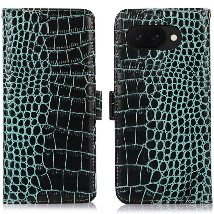 For Google Pixel 9a Case Crocodile Texture Genuine Cow Leather Phone Wallet Cover - Green