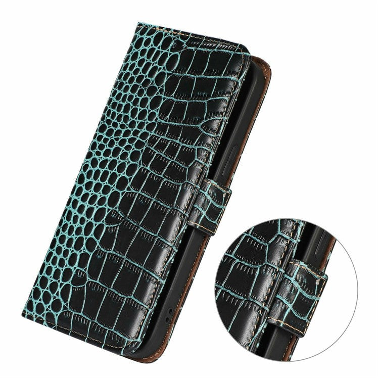 For Google Pixel 9a Case Crocodile Texture Genuine Cow Leather Phone Wallet Cover - Green