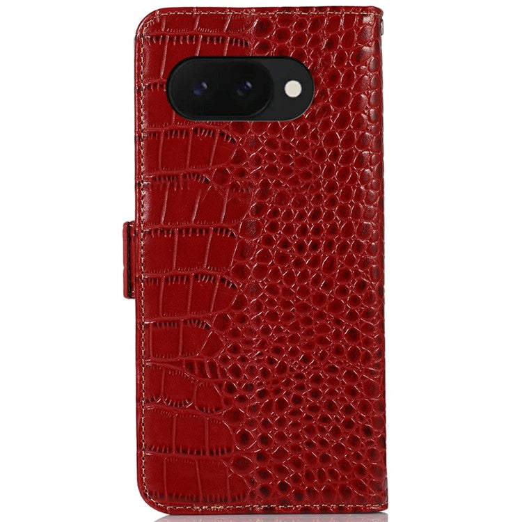 For Google Pixel 9a Case Crocodile Texture Genuine Cow Leather Phone Wallet Cover - Red