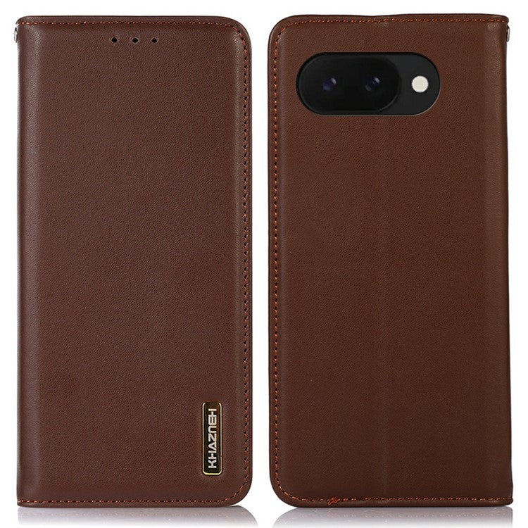 KHAZNEH For Google Pixel 9a Case Genuine Cow Leather Wallet Phone Cover Nappa Texture - Brown