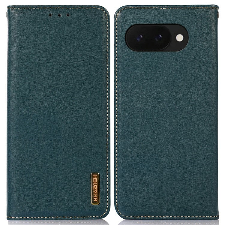 KHAZNEH For Google Pixel 9a Case Genuine Cow Leather Wallet Phone Cover Nappa Texture - Green