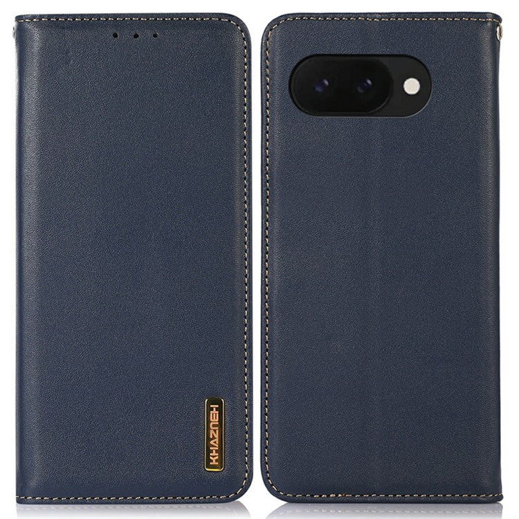 KHAZNEH For Google Pixel 9a Case Genuine Cow Leather Wallet Phone Cover Nappa Texture - Blue